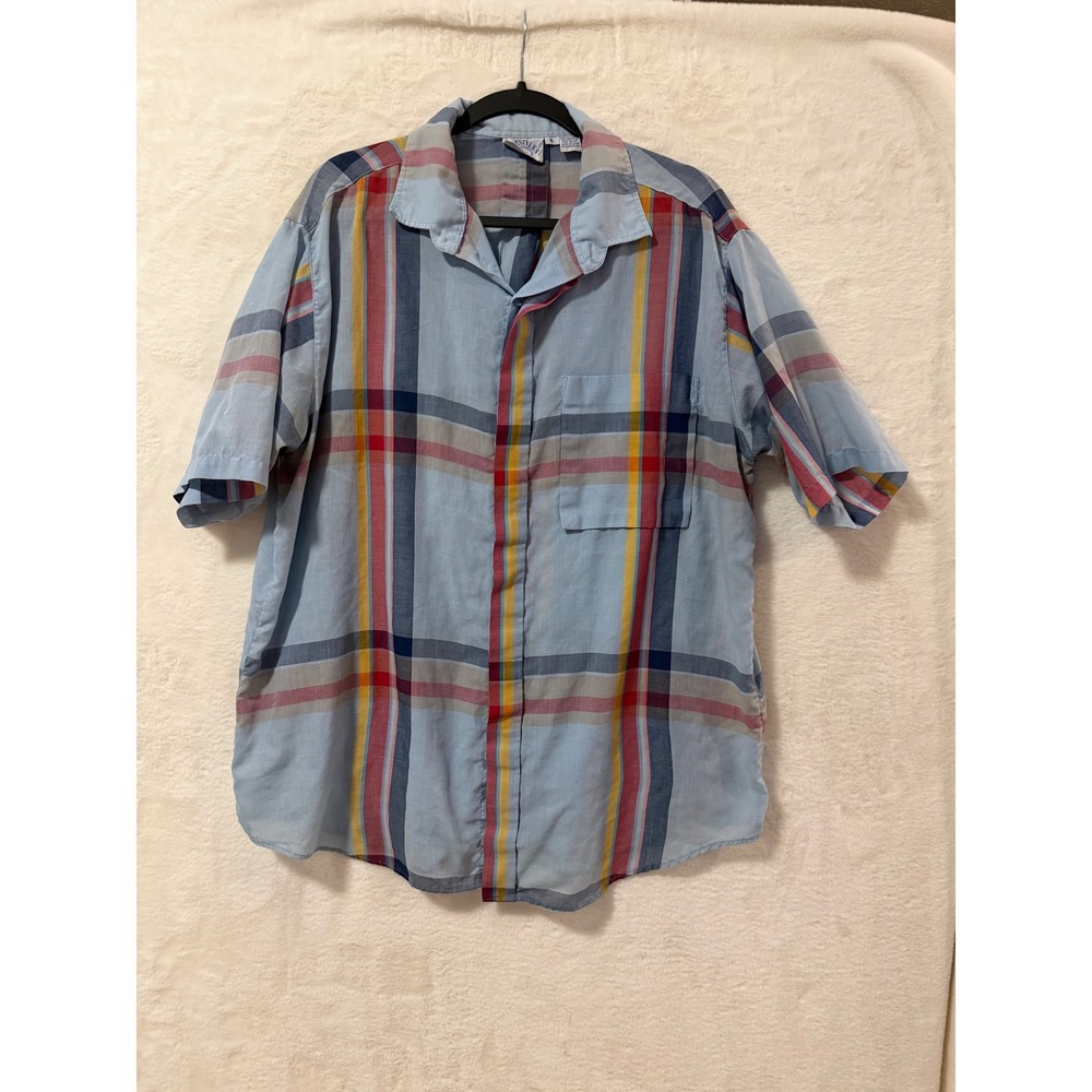90s Lifestyles Plaid Button Down Shirt Mens XL Short Sleeve Cotton Blend Casual